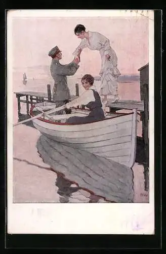 Künstler-AK Brynolf Wennerberg: Soldat hilft seiner Frau ins Boot