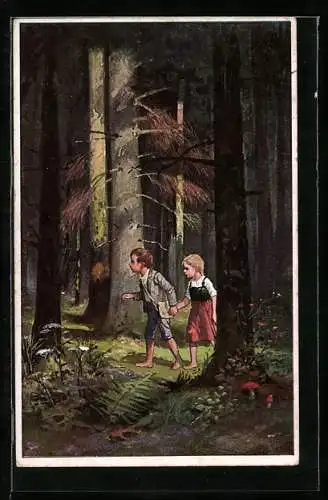 Künstler-AK August Splitgerber: Hänsel und Gretel laufen durch den finsteren Wald