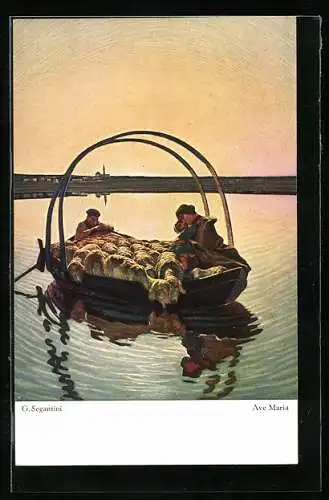 Künstler-AK Giovanni Segantini: Ave Maria, Schäferin mit Kind und Schafen auf einem Boot