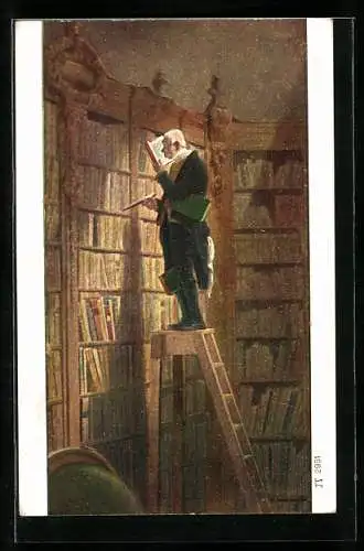 Künstler-AK Carl Spitzweg: Der Bücherwurm, Mann in Bibliothek
