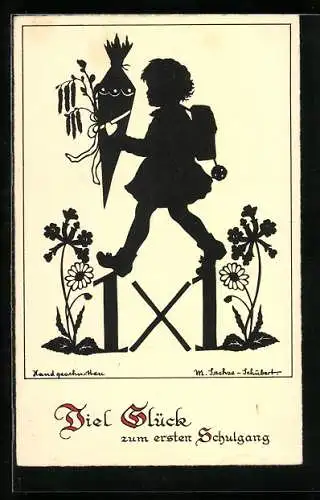 Künstler-AK Marta Sachse-Schubert: Schattenbild kleiner Junge mit Schultüte u. Ranzen