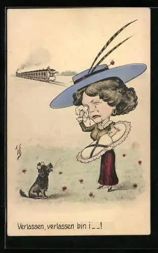 Künstler-AK W.I.: Verlassen, verlassen bin I...!, Weinende Mutter mit Kind