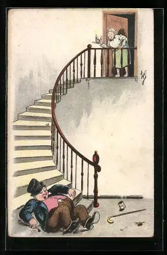 Künstler-AK W.I.: Mann schläft auf der Treppe