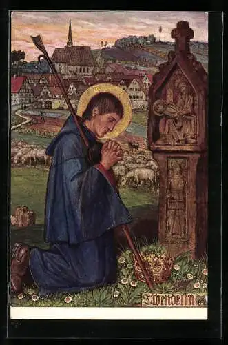 Künstler-AK Matthäus Schiestl: Pastor im Gebet vor einem Bildstock, Schafheerde