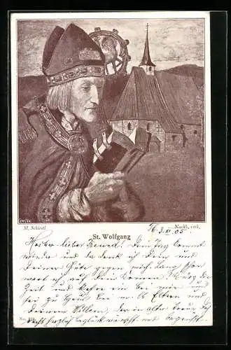 Künstler-AK Matthäus Schiestl: St. Wolfgang mit Bibel