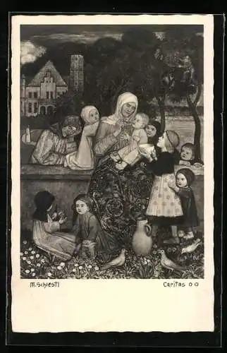 Künstler-AK Matthäus Schiestl: Frau kümmert sich um Kinder
