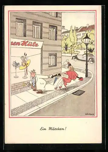 Künstler-AK Will Halle: Mann zieht seine Frau zum Einkaufen