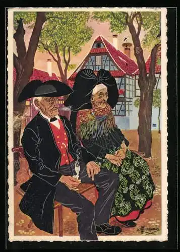 Künstler-AK Charles Homualk: L`Alsace, Deux bons vieux, Altes Paar sitzt auf einer Bank
