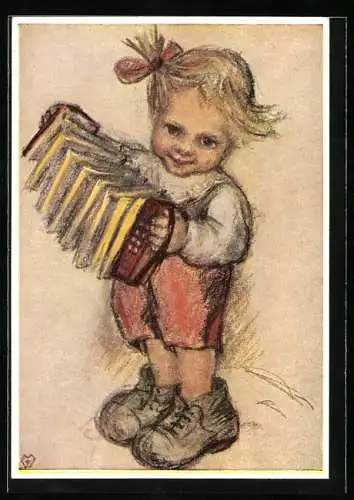 Künstler-AK Maria Spötl: Mädchen mit Zöpfen spielt Ziehharmonika