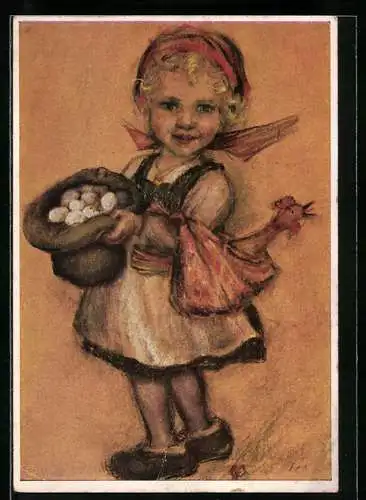 Künstler-AK Maria Spötl: Mädchen mit Sack voller Eier