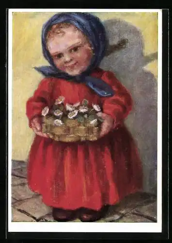 Künstler-AK Maria Spötl: Blumen gefällig?, Mädchen mit Blumenkorb