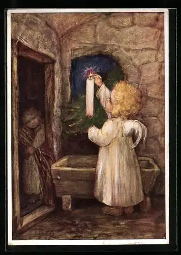 Künstler-AK Maria Spötl: Vorbereitung, Weihnachtsengel