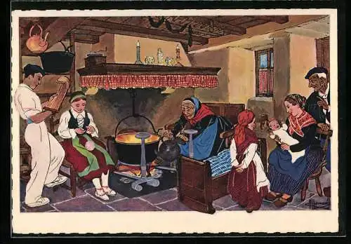 Künstler-AK Charles Homualk: Le Pays Basque, Intérieur de Ferme