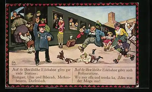 Künstler-AK Hans Boettcher: Auf de schwäbische Eisebahne gibts gar viele Statione: Stuttgart, Ulm ond Biberach