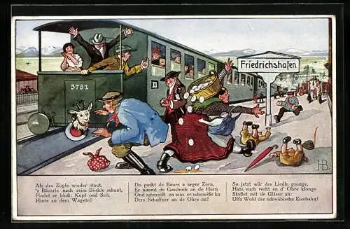Künstler-AK Hans Boettcher: Schwäbische Eisenbahn, Chaos auf dem Bahnsteig