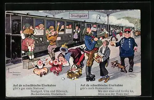 Künstler-AK Hans Boettcher: Schwäbische Eisenbahn im Stuttgarter Bahnhof
