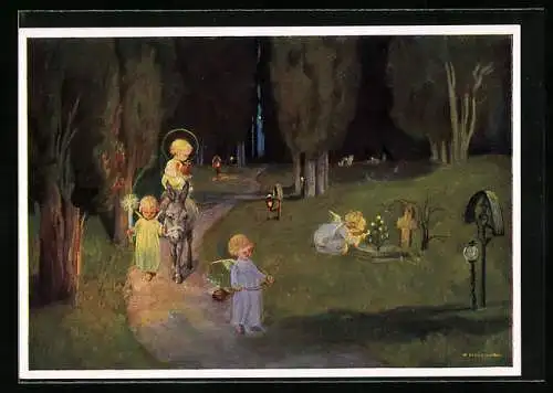 Künstler-AK Schönermark: Weihnachtsprozession von Engeln am Felde