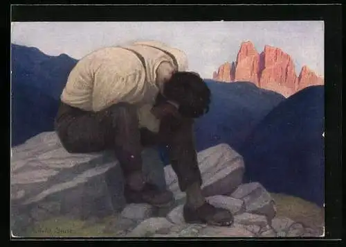 Künstler-AK Th. Walch: Geknechtet, Mann auf dem Felsen sitzend