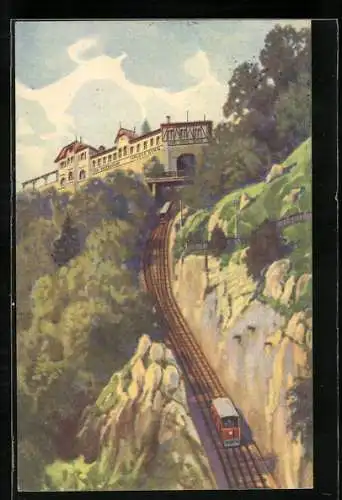 Künstler-AK Graz, Blick auf die Schlossberg-Bahn