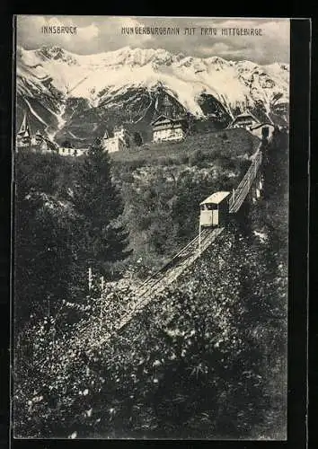 AK Innsbruck, Hungerburgbahn mit Frau Hittgebirge, Bergbahn