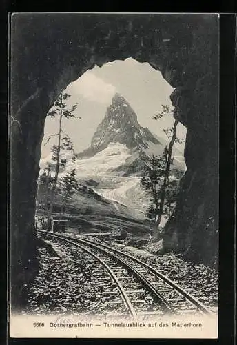 AK Gornergratbahn mit Tunnelausblick auf das Matterhorn