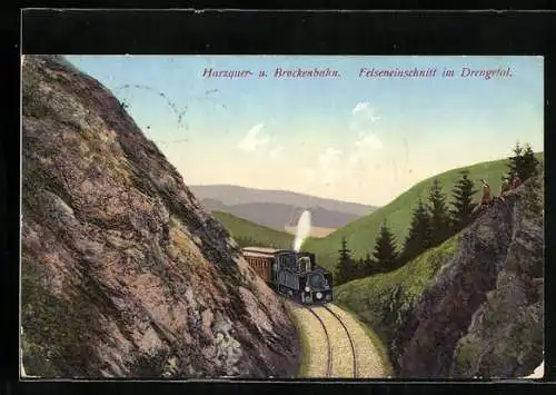 AK Drengetal, Harzquer- u. Brockenbahn im Felseneinschnitt