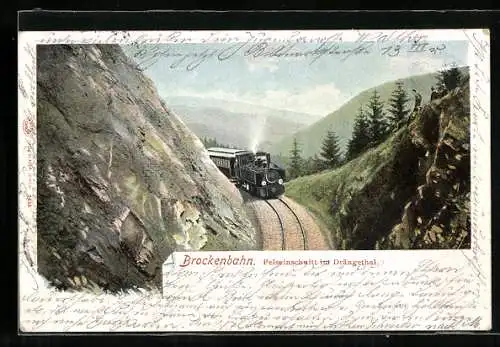 AK Brockenbahn im Felseinschnitt des Drängethales, Eisenbahn
