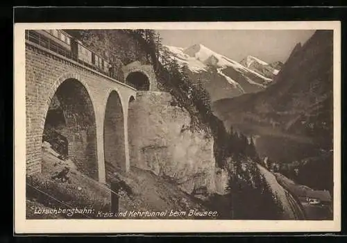 AK Kandergrund, Kreis- u. Kehrtunnel der Lötschbergbahn am Blausee, schweizer Eisenbahn
