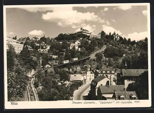 Foto-AK Walter Hahn, Dresden-Loschwitz, NR. 12754: Bergbahn mit Gasthaus Luisenhof