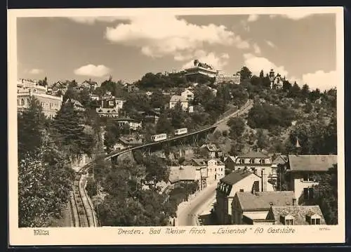 Foto-AK Walter Hahn, Dresden, Nr. 12754: Dresden-Weisser Hirsch, Totalansicht mit Gasthaus Luisenhof und Bergbahn