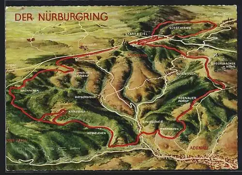 Künstler-AK T. Busch: Nürburgring, Landkarte der Rennstrecke mit Adenau