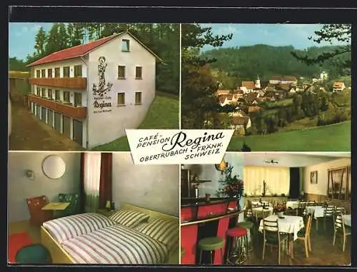 AK Obertrubach / Fränk. Schweiz, Cafe- Pension Regina, Gästezimmer, Blick auf die Bar, Ortsansicht mit Kirche