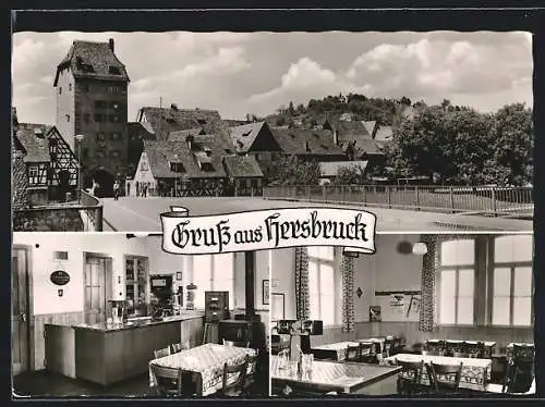 AK Hersbruck, Bahnhofs-Gasthaus von Willy Schlerf, Strassenpartie mit Blick zum Turm