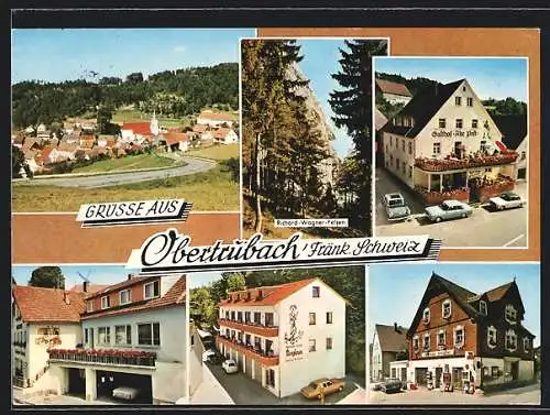 AK Obertrubach /Fränk. Schweiz, Gasthof Alte Post, Hotel-Pension Café Regina, Richard-Wagner-Felsen