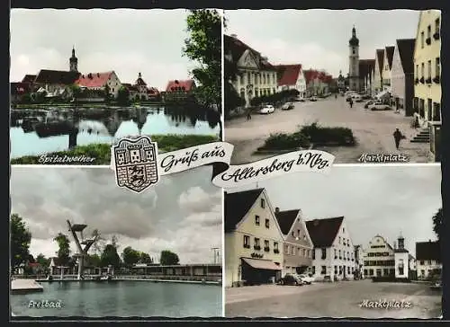 AK Allersberg / Nürnberg, Marktplatz aus der Vogelschau, Freibad, Spitalweiher