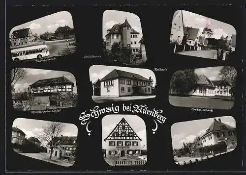 AK Schwaig bei Nürnberg, Gasthaus Rotes Ross, Bus am Bahnhofsplatz, Malmsbacher Schloss