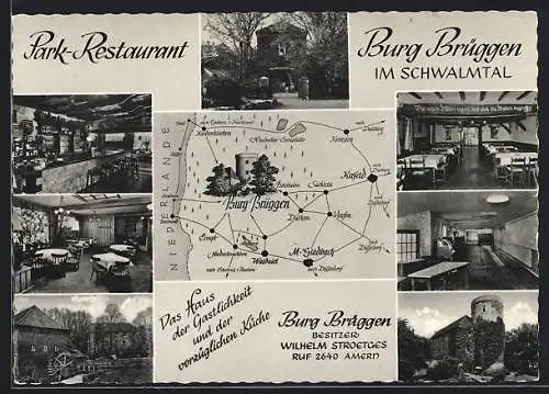 AK Amern, Park-Restaurant Burg Brüggen, Innenansichten, Landkarte mit Süchteln, Dülken und Elmpt