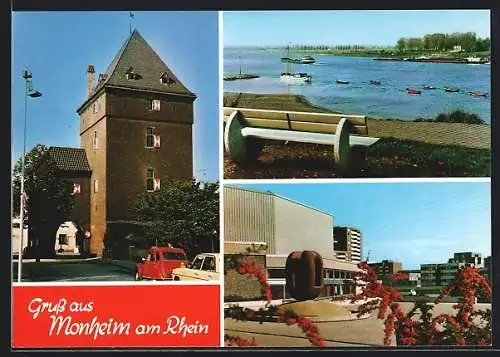 AK Monheim am Rhein, Strassenpartie am Tor, Uferpartie, Ortspartie