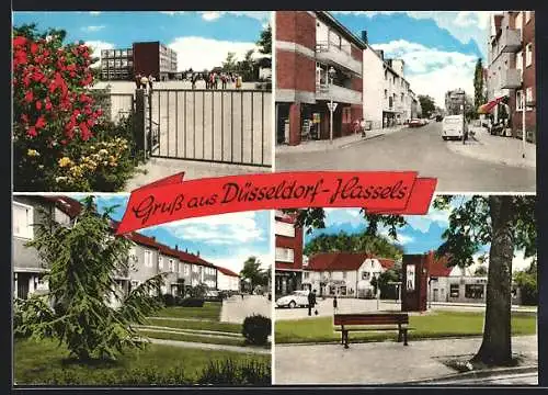 AK Düsseldorf-Hassels, Strassenpartie mit Geschäften, Apotheke und Denkmal, Ortspartie