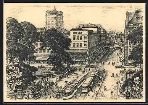 Künstler-AK Düsseldorf, Corneliusplatz mit Strassenbahn