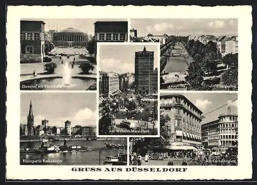 AK Düsseldorf, Corneliusplatz mit Geschäften, Ehrenhof mit Rheinhalle, Am Wilhelm-Marx-Haus