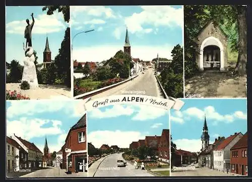 AK Alpen /Nrdrh., Strassenpartie in Ortsmitte, Kapelle, Ehrenmal