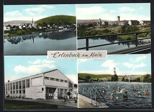 AK Erlenbach am Main, Badegäste im Schwimmbad, Frankenhalle, Blick von der Brücke
