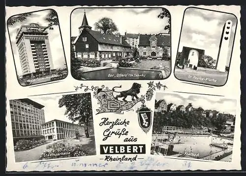 AK Velbert /Rheinland, Wasserturm-Hochhaus, Freibad, St. Paulus-Kirche