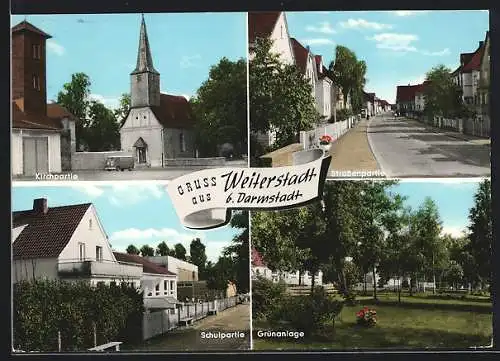 AK Weiterstadt b. Darmstadt, Kirchpartie, Schulpartie und Grünanlage