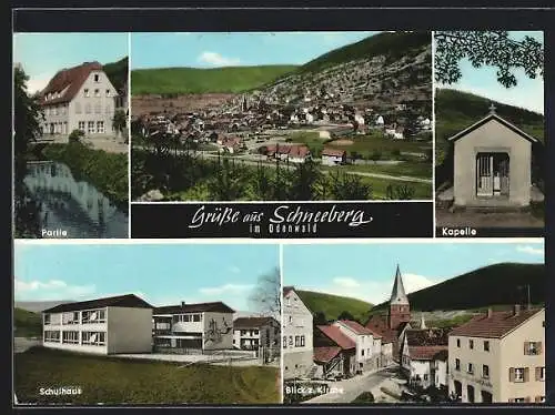 AK Schneeberg / Odenwald, Flusspartie, Kapelle, Schulhaus, Blick z. Kirche