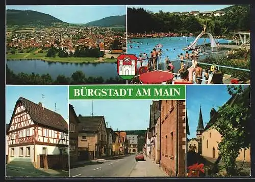 AK Bürgstadt, Mainpartie, Schwimmbad, Fachwerkhaus, Strassenpartie