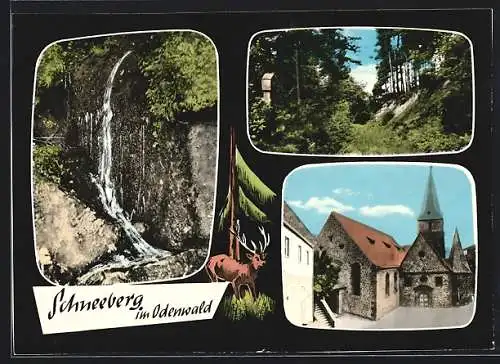 AK Schneeberg im Odenwald, Wasserfall und Partie an der Kirche