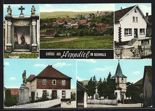 AK Heppdiel im Odenwald, Ortsansicht, Denkmal, Schulhaus, Gem. Warengeschäft und Kirche