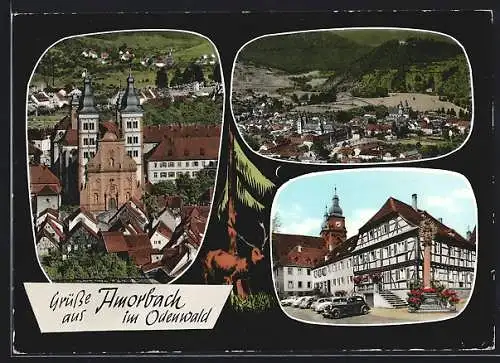 AK Amorbach /Odenwald, Ortspartie mit Autos und Blick auf die Kirche